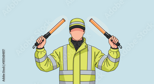 Friendly traffic controller guiding vehicles with vibrant wands for safety and efficiency on the road or construction site, ensuring smooth operations