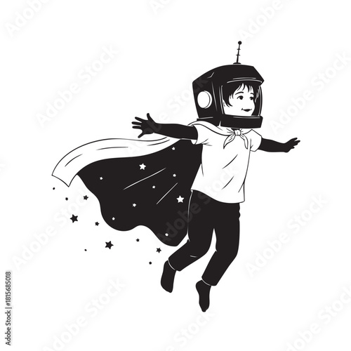 Little Boy Wearing Astronaut Helmet Flying Cape Adorned with Stars Imagination Dreamer Concept Childhood Fun Fantasy Adventure Silhouette Vector Illustration