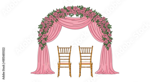 Elegant rose-adorned archway with draped pink fabric and two chairs awaiting a romantic wedding ceremony, perfect for invitations and event designs