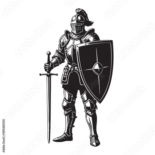 Medieval Knight Full Armor Holding Great Sword and Shield Standing Position Black White Vector Illustration Ready to Fight Brave Warrior Defender Medieval History Soldier Concept