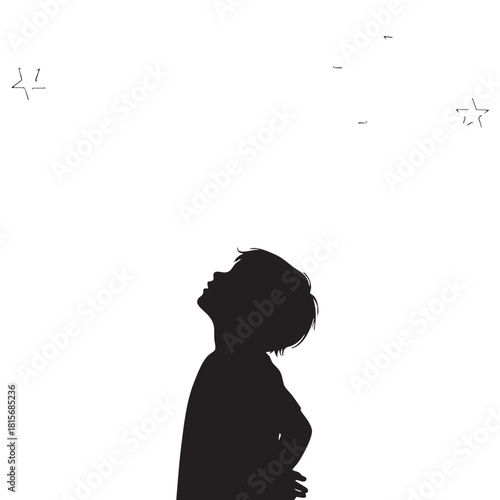 Little Boy Silhouette Looking Upwards at Stars Night Sky Dreamer Child Gazing at Cosmos Wonder and Aspiration Vector Illustration Black White