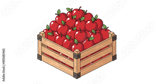 Freshly harvested vibrant red apples in wooden crate perfect for autumn harvest festivals, farmers markets, and healthy eating promotions
