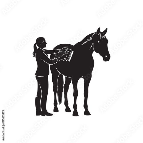 Woman grooms horse cleaning animal brush silhouette vector illustration. Girl caring for pony in stable, equestrian sport activity. Black white outline on isolated background. Pet hygiene concept.