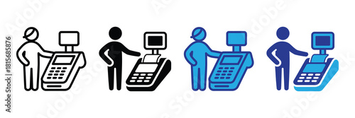 Set of icons showing a person using a payment terminal or cash register, representing commerce, transactions, and point of sale systems in different styles and colors. isolated on white background