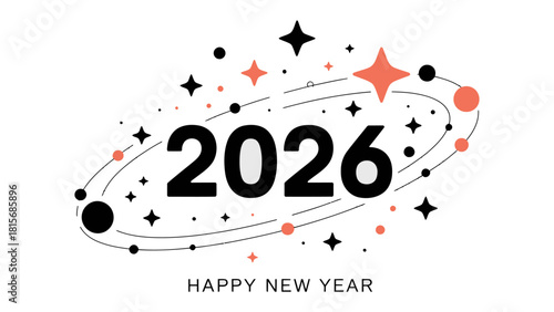 New Year 2026: A festive design heralding the arrival of the New Year, featuring an elegant, modern style for the upcoming year's celebration, with a cosmic touch.
