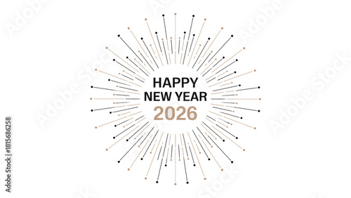 New Year's Celebration for 2026: A minimalist, festive design to commemorate the new year. Featuring radial lines radiating outward from the year 2026, creating a sense of energy and celebration.