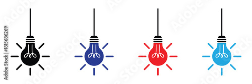 Collection of four hanging incandescent light bulb icons in black, blue, red, and light blue, symbolizing ideas and innovation on a white background.