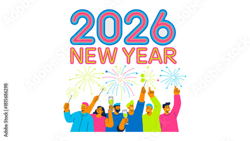 A Festive 2026 Celebration: Revelers joyfully ring in the New Year with fireworks, sparklers, and champagne flutes, a vibrant scene filled with excitement and anticipation for the year ahead. 