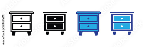 Collection of isolated bedside table icons in outline, solid, and filled styles, representing furniture and home decor options. isolated on white background