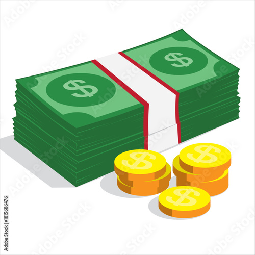 Illustration of dollar banknotes and gold coins representing money, finance, and business concepts