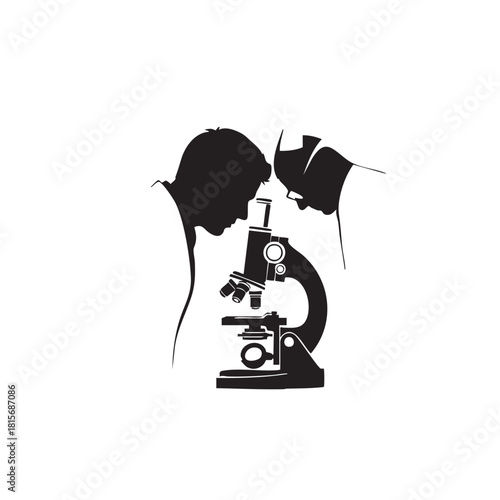 Two Scientists Examining Microscope Silhouette Illustration in Research Laboratory Setting