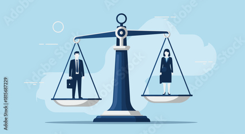 Equality in business illustrated by scales with business man and woman, a concept for equal opportunities and equal pay for all genders