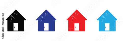 Four stylized houses in black, blue, red, and light blue with cracked roofs, representing damage, distress, or a warning, isolated on a white background. 