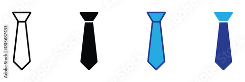 Set of four tie icons in outline, solid black, blue, and dark blue representing formal wear, business, and fashion accessories isolated on white background