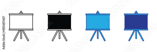 Set of four presentation boards on tripods, including outline, solid black, and two shades of blue, representing various display options for meetings or education. isolated on white background