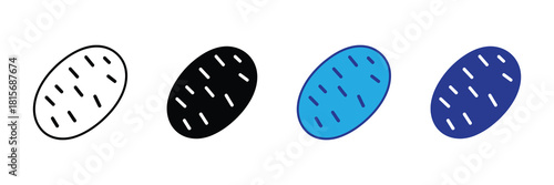 Set of four oval shapes representing a potato icon, in outline, solid black, blue, and dark blue variations with white dashes symbolizing potato eyes or texture for design. isolated on white backgroun