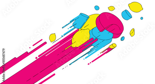 Energetic abstract design with stylized yellow, magenta, and cyan fruit elements dynamically bursting across a clean white background.