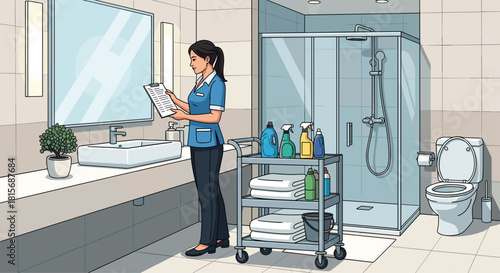 Hotel maid with cleaning cart checks her list in a pristine bathroom, offering cleanliness and organization for hospitality concepts