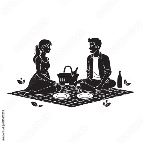Couple Picnic Scene Hand-Drawn Silhouette Vector Design Outdoor Dining