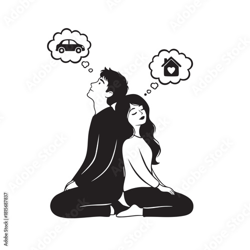 Couple Dreaming of Future Goals Silhouette Vector Man Dreams Car Woman Dreams Home