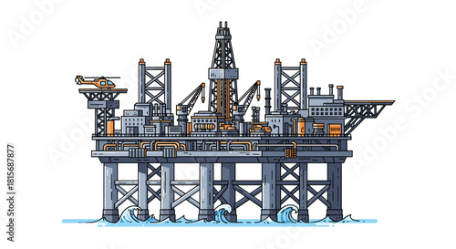 Detailed offshore oil rig illustration with helicopter on platform in ocean waves, ideal for energy sector or engineering projects visuals