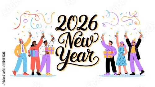 Celebratory 2026 New Year's Toast: A vibrant illustration depicts a diverse group raising glasses in a joyous toast, surrounded by streamers and confetti, heralding the arrival of the New Year.