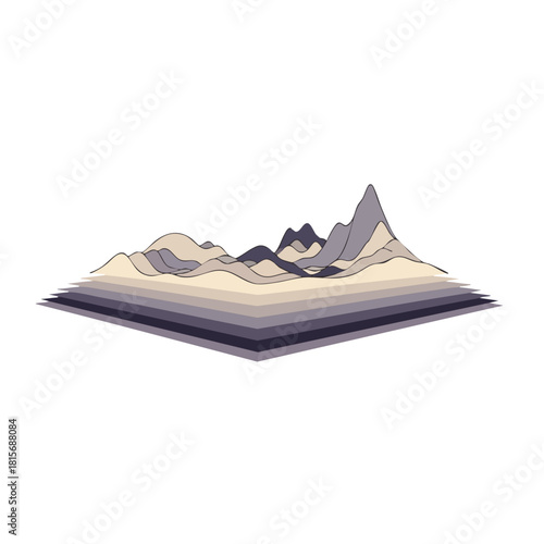 An intricate, layered digital illustration depicts an abstract mountainous landscape or data visualization, presented with a modern isometric perspective.