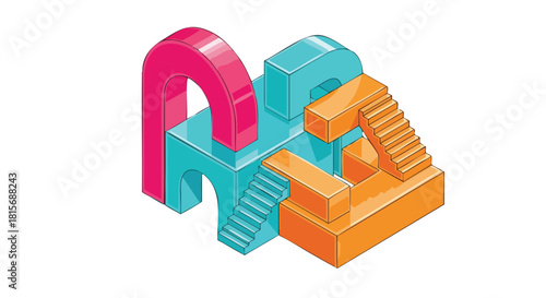 A vibrant isometric illustration showcases a complex arrangement of abstract geometric shapes, featuring arches and stairs in a playful, architectural design.