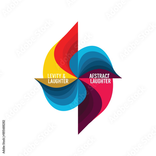 A vibrant abstract graphic design showcases a dynamic, colorful pinwheel with 'Levity & Laughter' text, symbolizing joy, creativity, happiness.