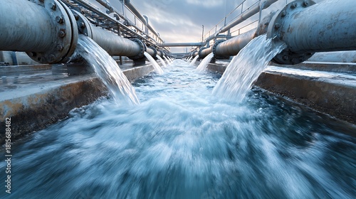 Water Flowing From Pipes at Water Treatment Plant Industry Concept