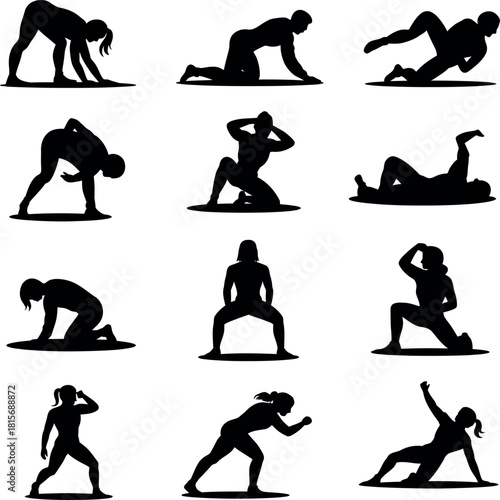 Collection of female silhouette poses doing workout exercises fitness training