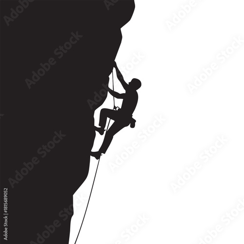 Silhouette Rock Climber Ascending Steep Mountain Cliff Side Solo Sport Adventure Male Athlete Rope Gear Outdoor Extreme Challenge