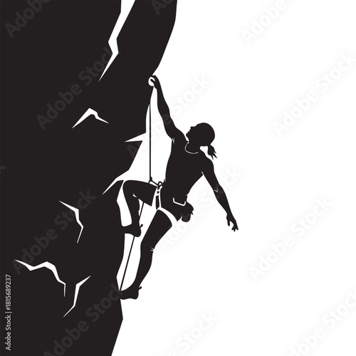 Female Rock Climber Silhouette Scaling Craggy Mountain Cliff Side Sportive Woman Solo Ascent Adventure Outdoor Extreme Challenge