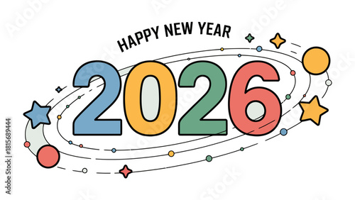 New Year's Celebration: Colorful 2026 Typography - A festive and vibrant graphic design celebrating the arrival of the new year, filled with bright colors and playful celestial elements.