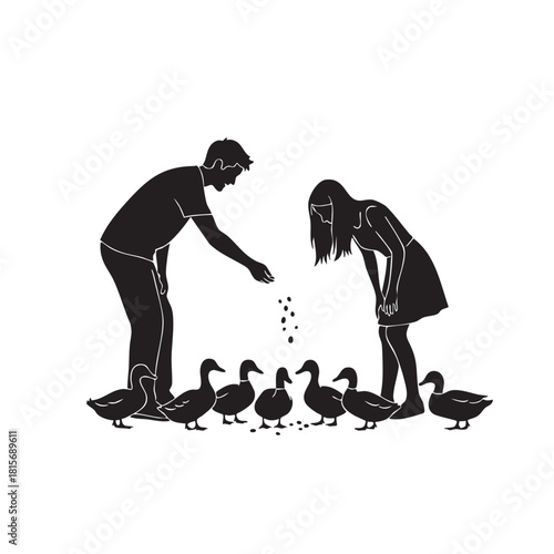 Silhouette illustration of couple feeding ducks in a tranquil outdoor setting, showing love for animals and nature, perfect for wildlife and outdoor activity designs