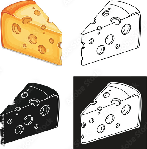 Swiss Cheese Wedge Vector Illustration Set 4 Styles