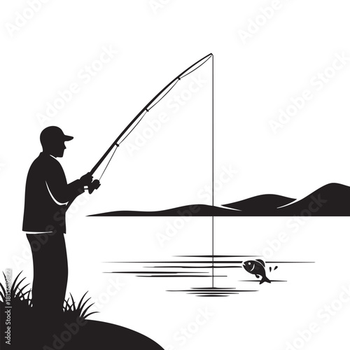 Silhouette illustration of a man fishing by a lake with a fish on the line, capturing the excitement of angling in a natural outdoor landscape, perfect for fishing and nature publications