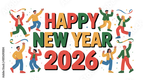 New Year's Celebration 2026: The joyful celebration of the new year with the theme of 2026, where people are running and rejoicing with colors.