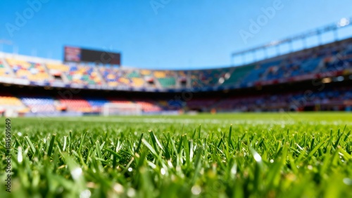 Close up wet grass at the football stadium during sunny summer day. Ai Generative