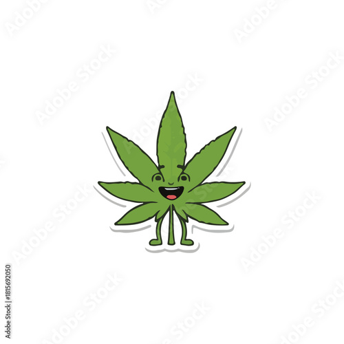 A cartoon cannabis leaf with a smiling face and small legs, standing happily.