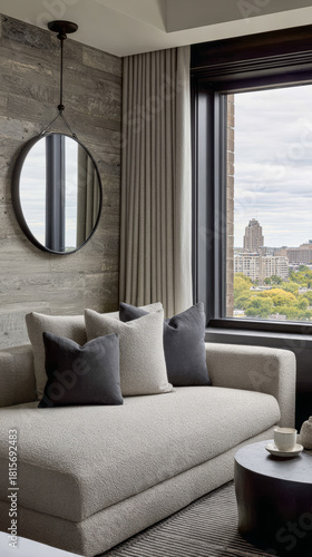 Cozy living space with modern decor and city view seen through large window on an overcast day