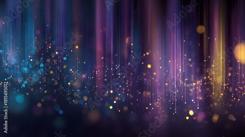 Vertical light beams descend over a field of shimmering golden and cyan particles