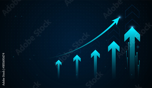 A glowing blue upward arrow rises above smaller arrows, symbolizing strong financial growth and accelerating business performance. A glowing blue arrow rises