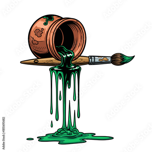 Spilled Green Paint Pot Brush Illustration