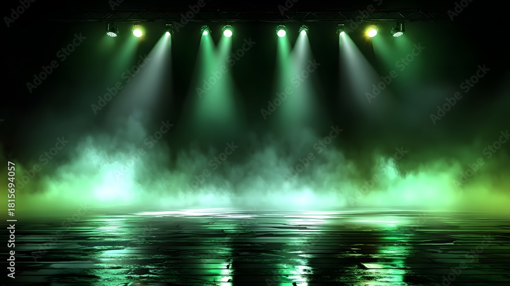 Obraz premium Bright spotlights illuminate a dark stage with low-lying atmospheric fog and wet floor reflections