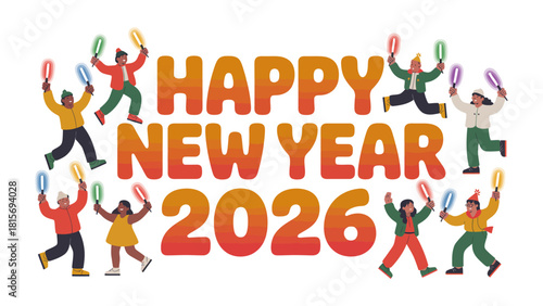 Happy New Year 2026 Celebration: A lively illustration celebrating the arrival of the New Year, featuring joyful figures and a message of hope and happiness.