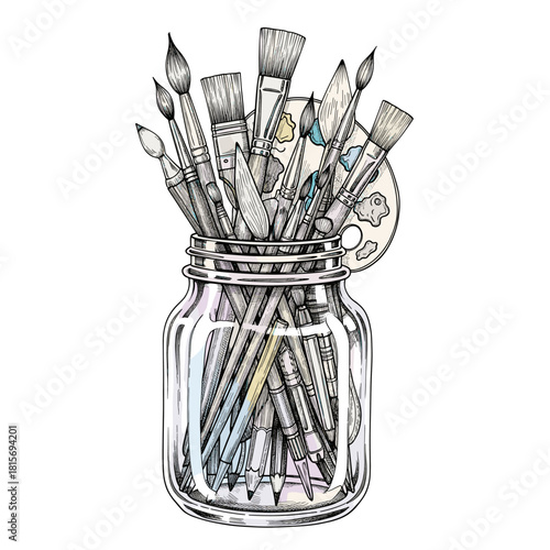 Sketch Art Brushes and Tools in Glass Jar