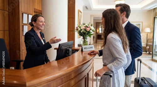 Hotel receptionist greeting arriving guests at the front desk.
