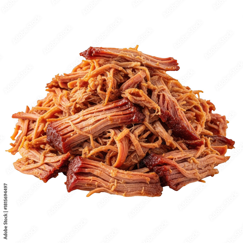 Obraz premium Heap of freshly prepared pulled pork isolated on transparent background, showcasing its tender texture, rich color, and smoky flavor, perfect for barbecue enthusiasts and food lovers