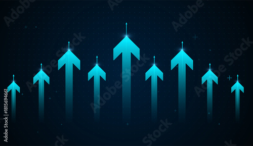 Group of glowing blue upward arrows rising above with smaller arrows, symbolizing strong financial growth and accelerating business performance Concepts